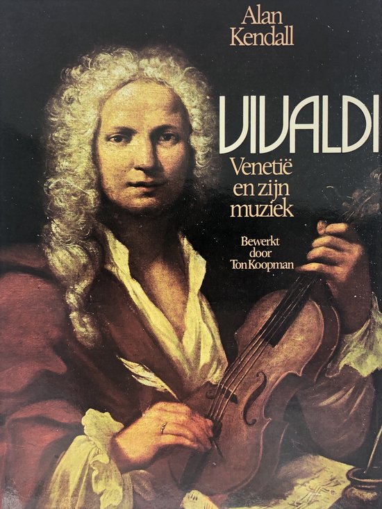 Portret van Vivaldi met viool, met de titel Vivaldi, Venetië en zijn muziek.