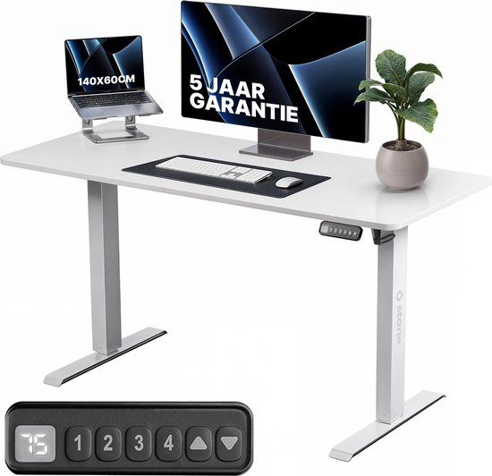 Stane Zit Sta Bureau Elektrisch Verstelbaar - 4 Geheugen Standen - Incl. Kabelgoot - 140 x 60 cm - 5 Jaar Garantie - Wit