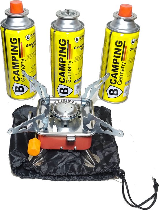 Camping kookstel compact opklapbaar piëzo gasbrander rood incl 2 gas navullingen 227gr / 392ml van Camp Active — afbeelding 2