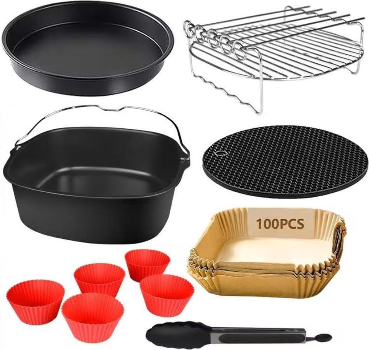ApexArte® Airfryer Accessoires - Bakpapier - Siliconen Bakje - Mand - Oven Rek