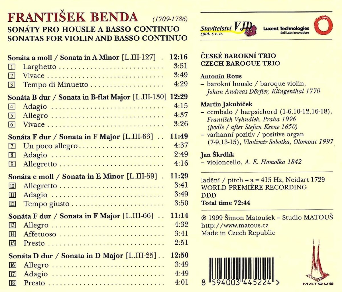 Frantisek Benda: Violin Sonatas
