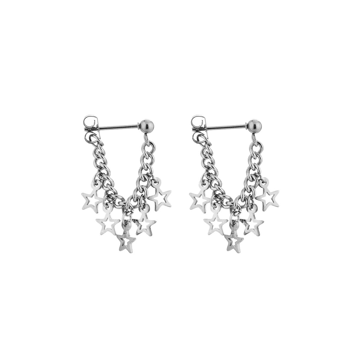 ketting oorsteker met sterretjes kleur zilver - earrings - stars - cadeau - stainless steel - waterproof
