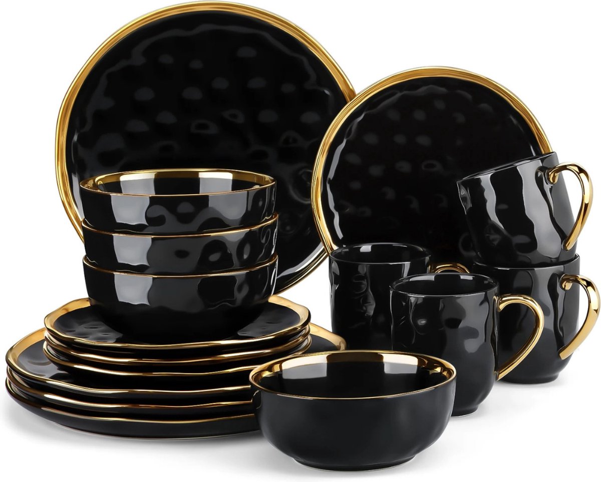 Serviesset - 4 Persoons Servies - Keramiek - Diner- en Dessertborden, Kommen en Kopjes - 16-delige Set - Zwart - Goud