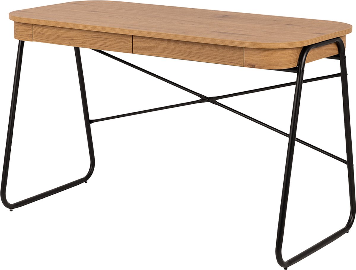 Lisomme Steven Bureau - Hout - met Zwarte Metalen Poten - met 2 Lades - Bureau met Opbergruimte - Industrieel - Naturel Houtkleur - 120 x 60 x 75 cm