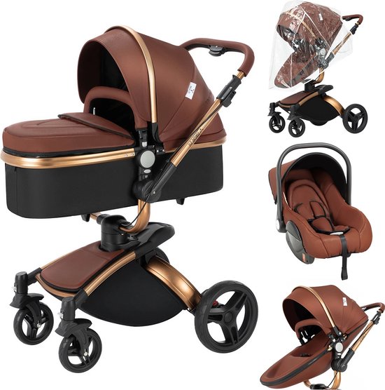 Seastone - Luxe Kinderwagen - 3 in 1 - Wandelwagen - Autostoeltje - Buggy reiswieg - Inklapbaar - 0-36 maanden - Bruin van Merkloos — afbeelding 2