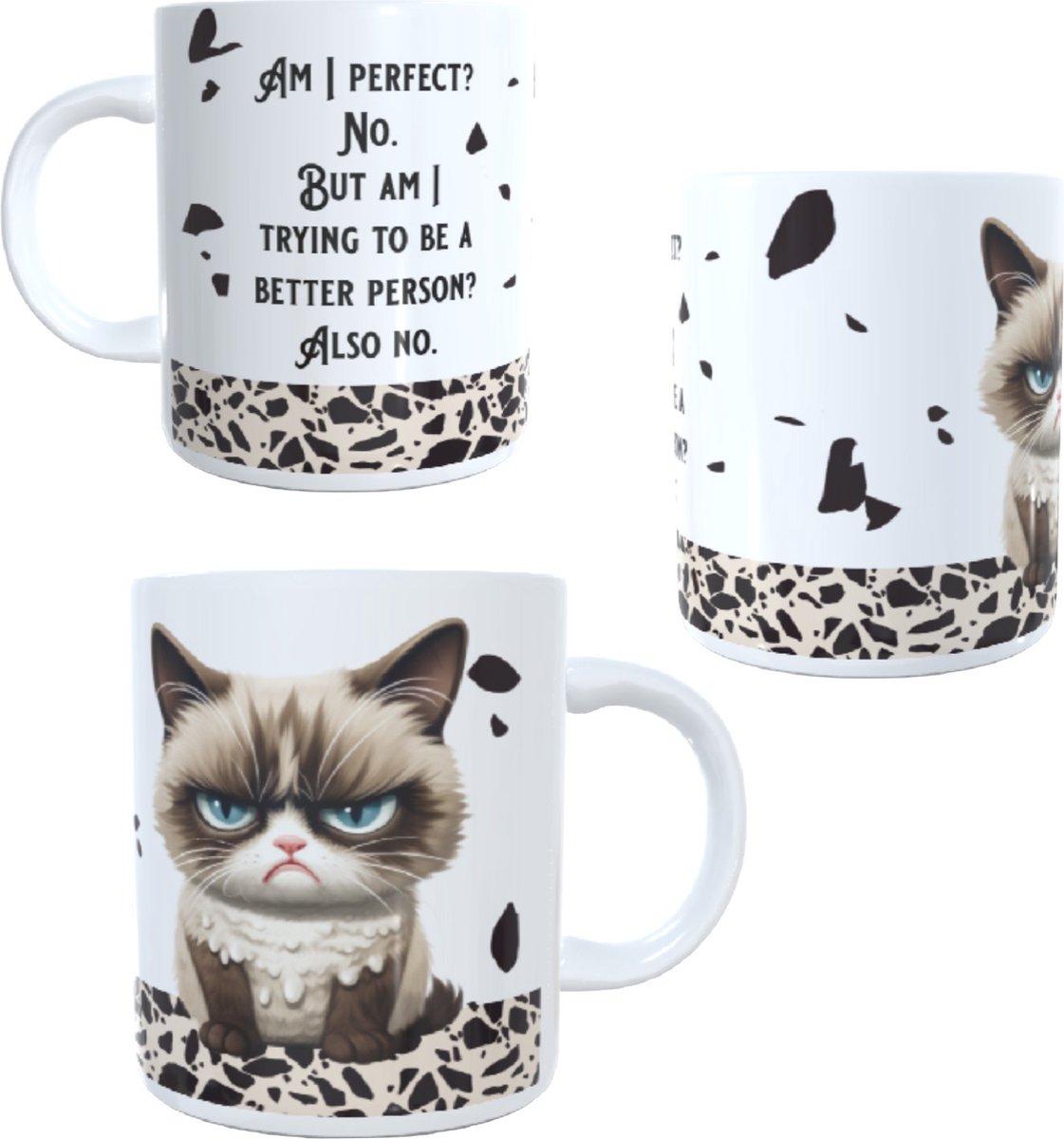 Koffie beker - thee mok - tekst - Am I perfect - afbeelding poes - cat