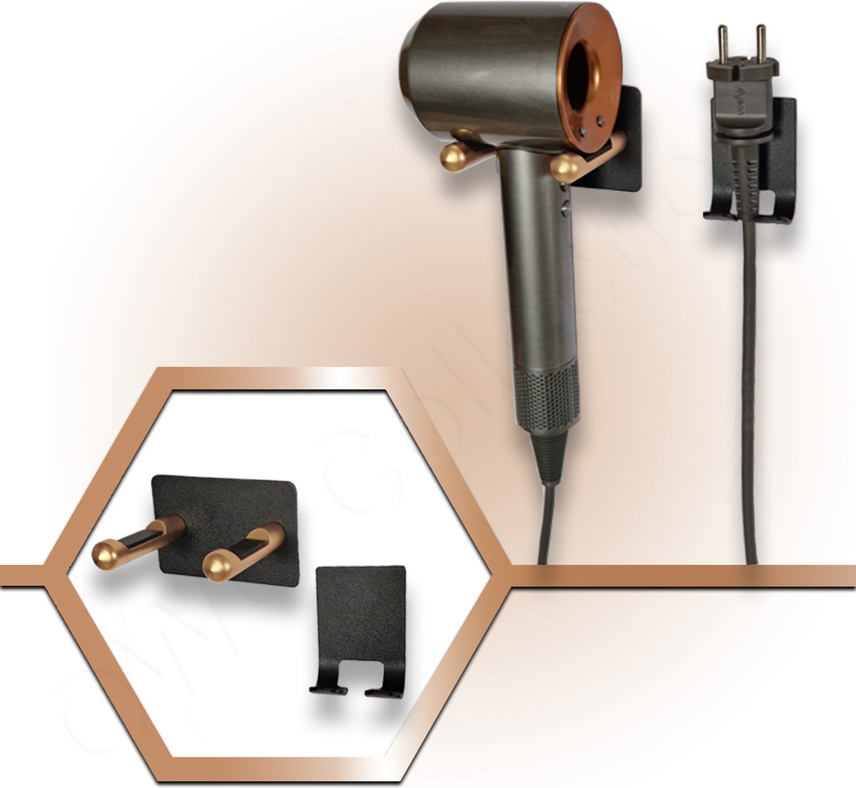 Wandhouder muurbeugel houder RVS met stekker houder geschikt voor Dyson supersonic HD01 HD02 HD03 HD04 HD04 HD07 haardroger föhn en Airwrap HS01 HS05 stijltang - Zwart brons-koper
