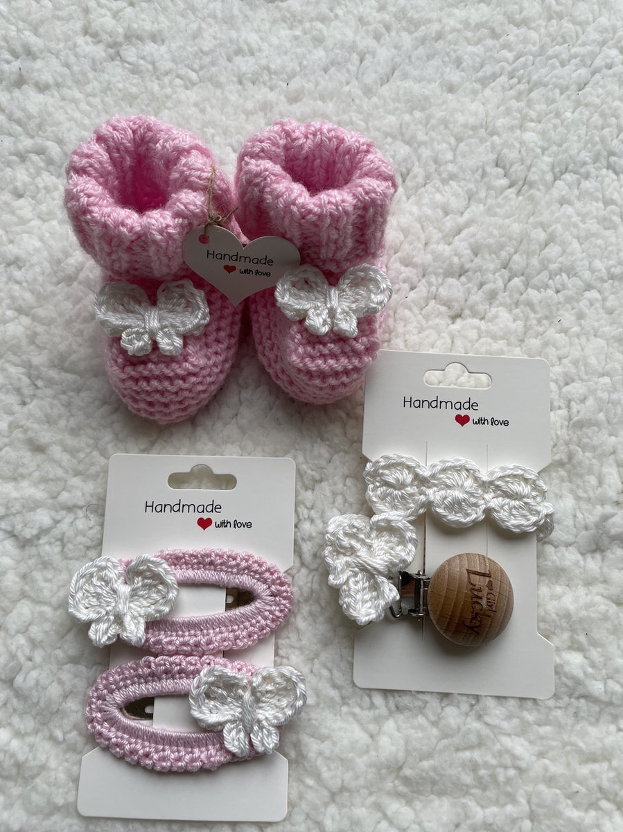 Goedkoopste Maminobaby.nl baby geschenkset meisjes | Vlinder | Kerst | Handgemaakt | Babyslofjes | Speenkoord | Kraamcadeu | Babyshower