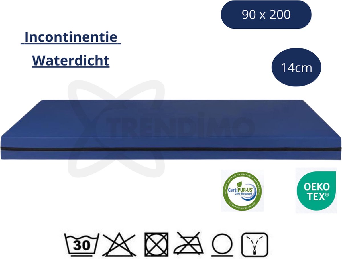 Trendimo Zorgmatras Koudschuim HR - 90x200 14 CM Waterdichte Incontinentie matras Blauw