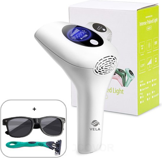 Vela® Laser Ontharingsapparaat – IPL laser ontharingsapparaat – Voor mannen en vrouwen – 8 verschillende standen – Meer dan 900000 flitsen – Ice cool functie – Beschermbril – Scheermesje – 2025 model 2.0 – Permanent haarvrij – Inclusief E-Book