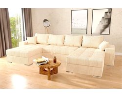 Hoekbank Josua U Ribstof Corduroy Beige - Hoeksalon met bed en opbergruimte - Wooneiland zetel
