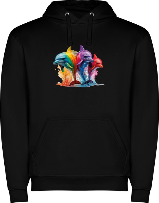 Sweat à capuche unisexe noir avec imprimé « dauphins colorés aux