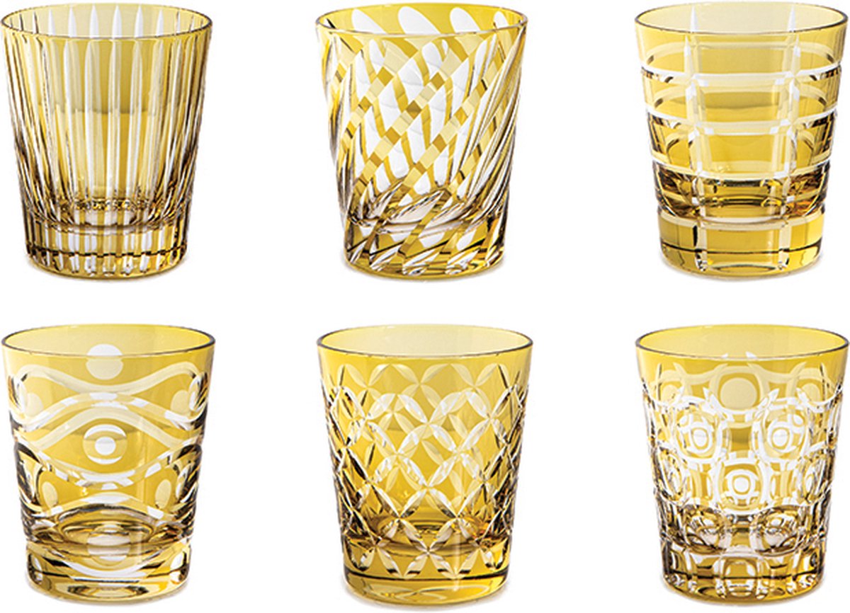 Livellara Luxury Amber - water/drinkglas - mix van 6 designs - 300ml - hand cut - vintage colors - luxe afwerking