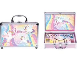 foto van Make-up koffer Unicorn met inhoud - geschenkartikel kids- oogschaduw - nagellak - lipshimmer - nagelstickers - cosmetica kwastjes
