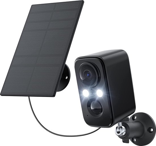 Zwarte beveiligingscamera met twee witte LED's, naast een zwart zonnepaneel.
