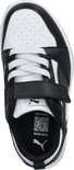 Top view van een zwart-witte PUMA sneaker met klittenbandsluiting en witte veters.