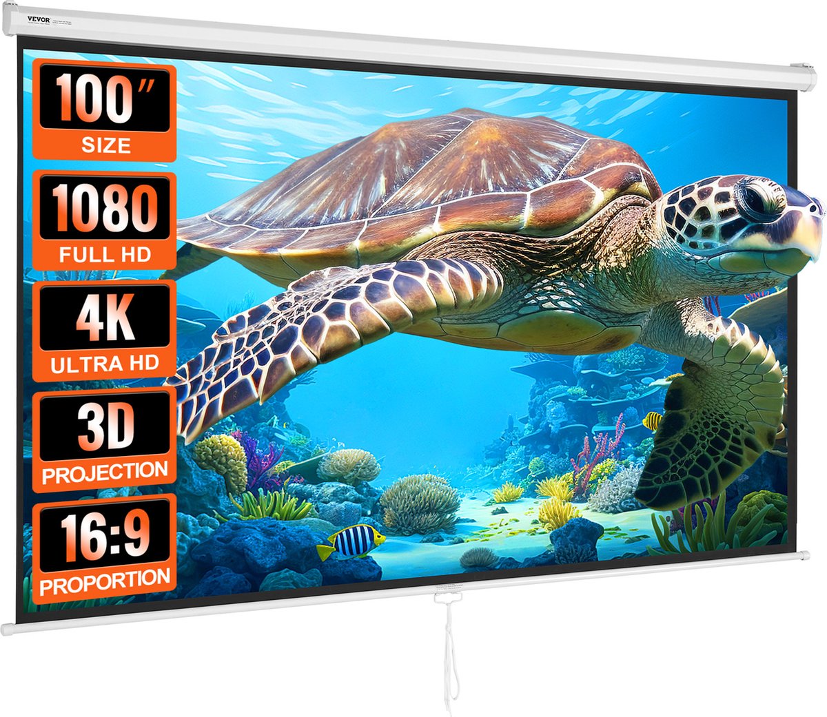 VEVOR projectieprojectiescherm 254 cm HD 4K buiten binnen handmatig projectiescherm snel opvouwbaar draagbaar filmscherm 16:9 voor thuisbioscoop, camping en vrijetijdsevenementen zwart
