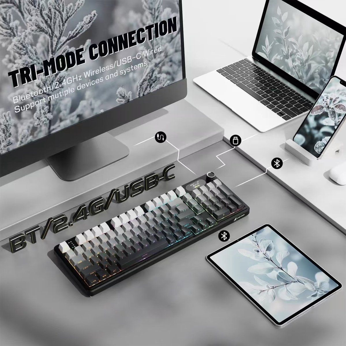 ATTACK SHARK X98PRO - Draadloze Mechanisch Gaming Toetsenbord - Side Printed PBT Keycaps - TFT Scherm - Multifunctionele Draaiknop - Wired/2.4G/Bluetooth Tri-Mode - Gasket Mod - 98keys - Moonlit Night thumbnail 6