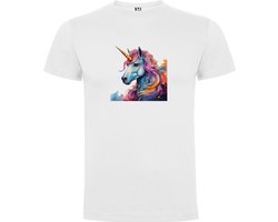 Wit T-Shirt met “Kleurrijke Eenhoorn – Fabel – Fantasie “ Print Full Color Maat L