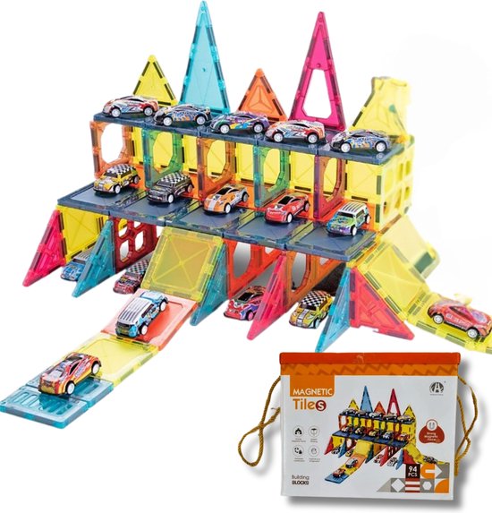 Magna Minds - Magnetisch Speelgoed - Wegenset Met Auto's - 78 Stuks Magnetic Tiles Constructie Speelgoed Magnetische Tegels Montessori Speelgoed Magnetic Toys Magnetische Bouwstenen Speelgoed Kinderen
