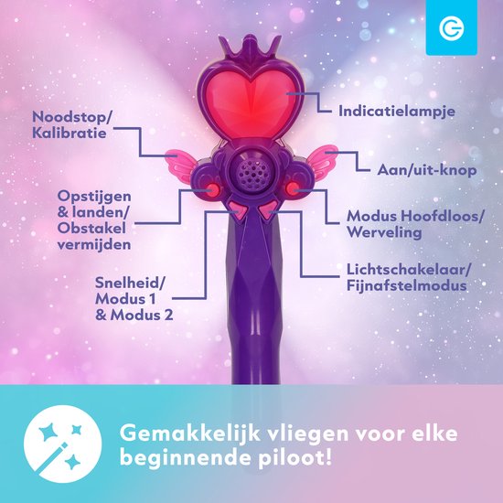 Vue détaillée de la baguette magique violette pour le drone papillon, montrant les différentes fonctions.