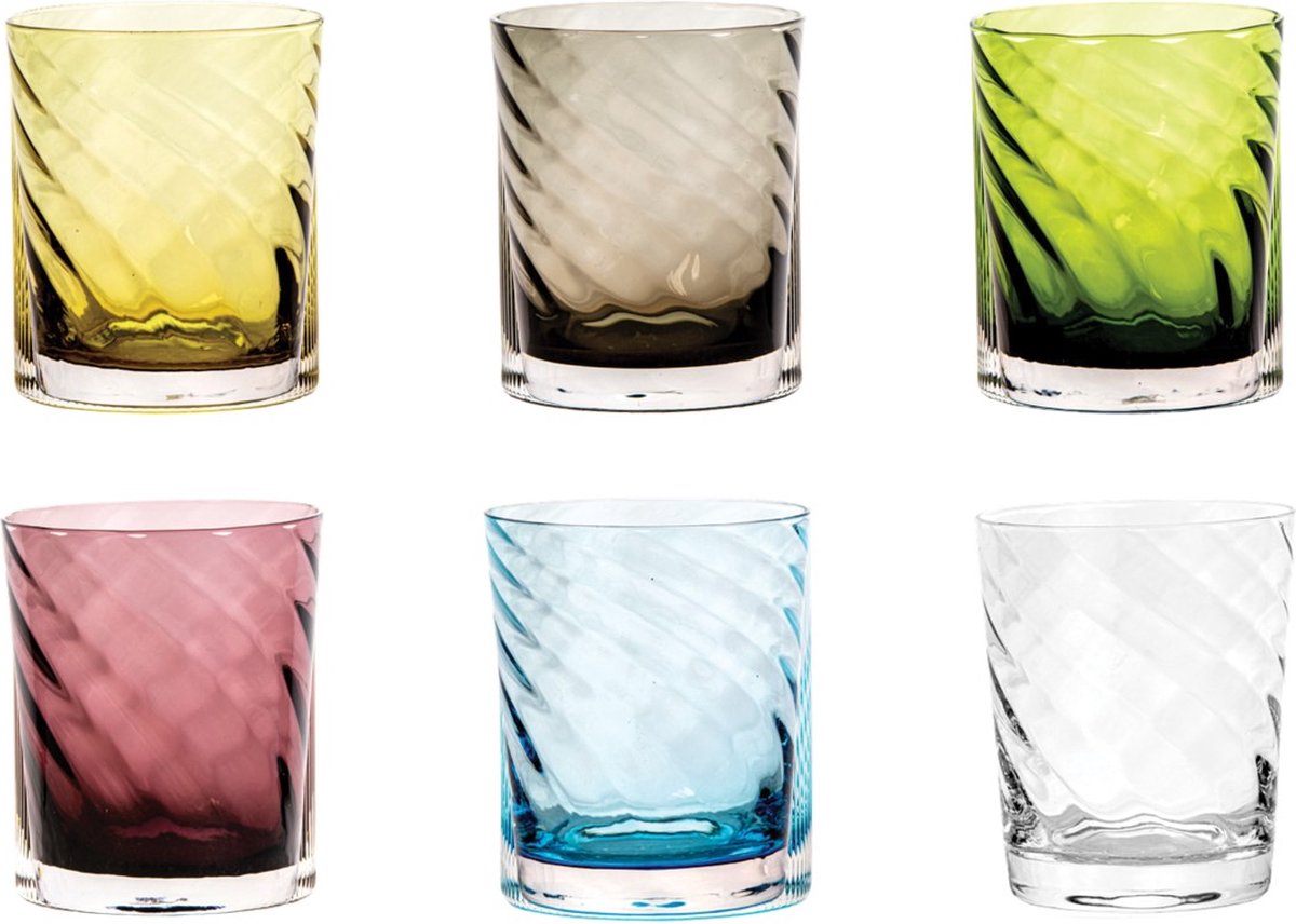 Livellara Ottico Veneziano - water/drinkglas - mix van 6 kleuren - 350ml - verfijnd design - gedraaid reliëfdessin