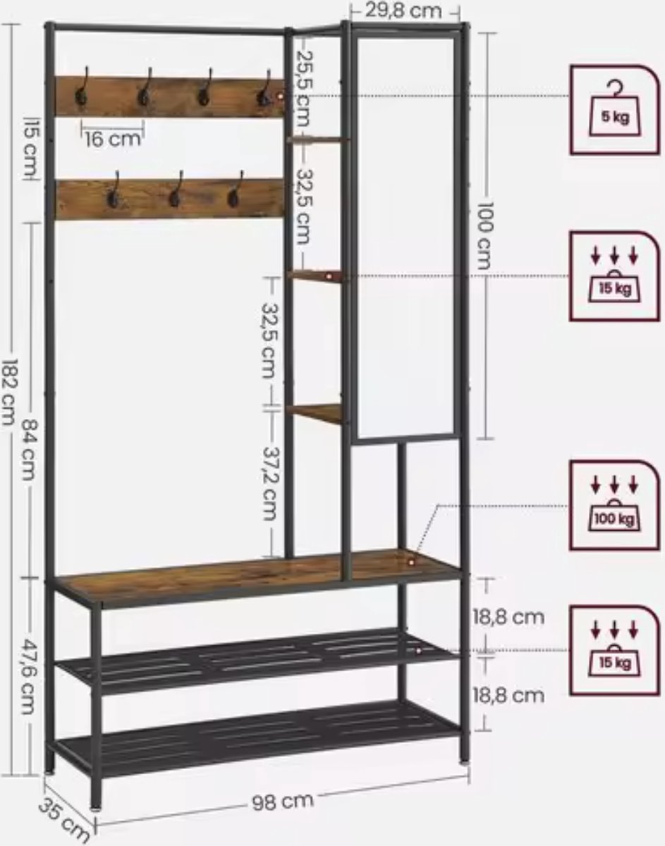 J&R Kapstok - Kledingrek - Kledingstandaard - Garderobekast - Kleerhanger - Garderoberek - Gangmeubel - Kapstok Staande kapstok - Vestiairemeubel - Kast - Rek - Planken - 7 Haken - Spiegel - Schoenen rek - Hout en metaal - Industrieel - Bruin/Zwart – foto 3