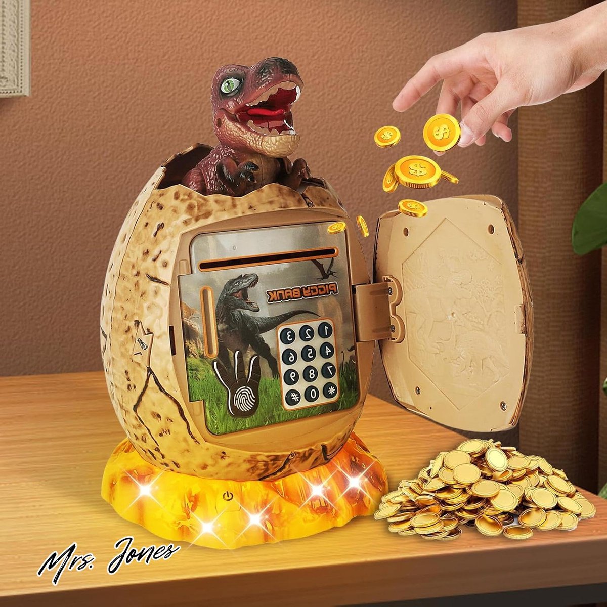 Mrs. Jones Elektronische spaarpot dinosaurus met licht en muziek - bankspaarpot met vingerafdruk codeslot voor jongens en meisjes - Kerstmis verjaardag Pasen .
