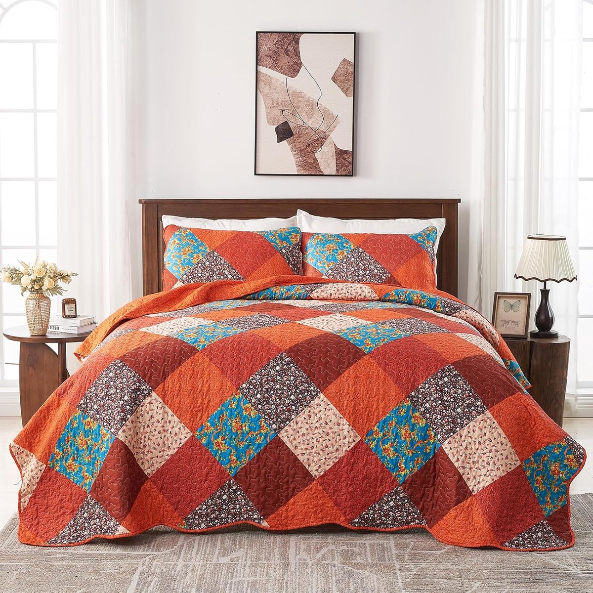 TRANKIELO® - Premium Dekbed Sprei – 220 x 240 cm – Rood-Oranje Patchwork Design – Lichtgewicht & Comfortabel – Inclusief 2 Kussenslopen
