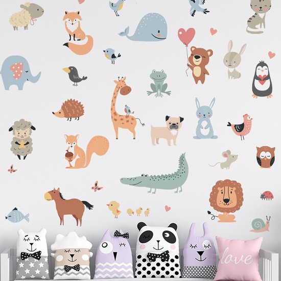 Muursticker 'Fête des Animaux ' - Chambre de bébé - Chambre enfant - Renard - Crocodile - Girafe - Éléphant - Ours - Lion - PVC autocollant - Garçon - Fille