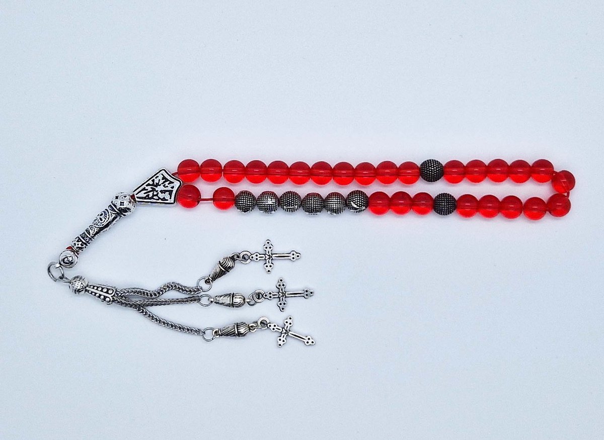 Handgemaakte naam tasbih 33 Kralen Natuursteen “Rode kwarts” - met metaal tassel “ Kruis"- Met je naam of de naam van uw geliefde- 8 mm diameter van de korrel