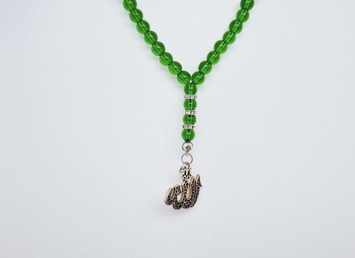 Handgemaakte Natuurstenen Autohanger "Groene kwartz "- Met metalen hanger "Aallah" - 8 mm diameter van de korrel- Mooie accessoire en decoratie voor de auto