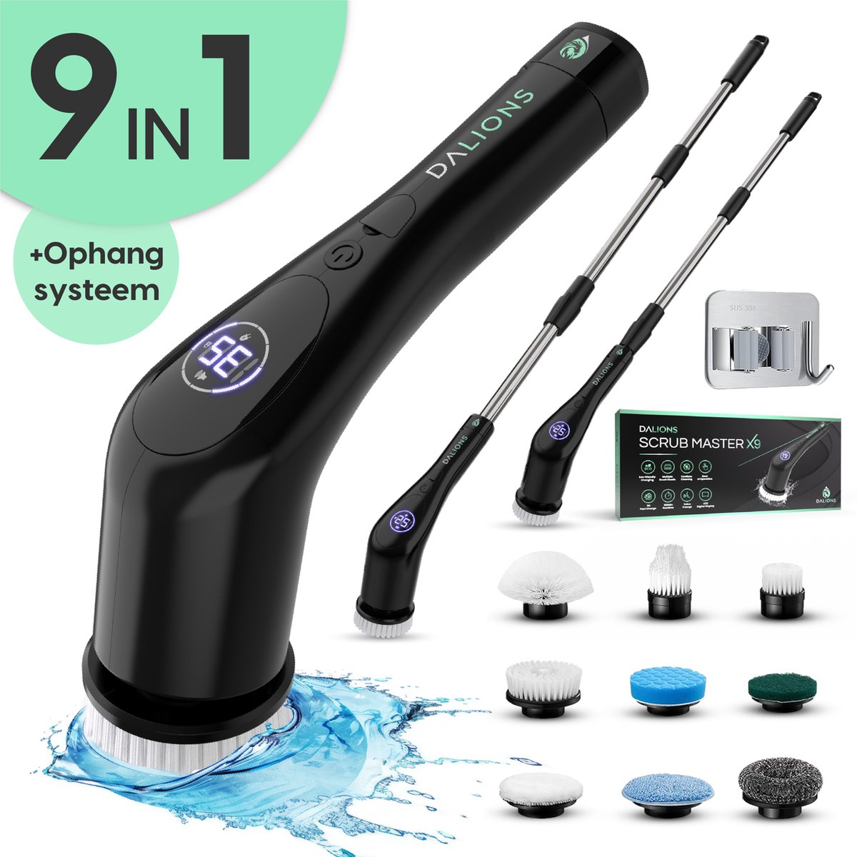 Goedkoopste Dalions® Elektrische Schoonmaakborstel - Inclusief Ophangset - Schrobber met steel - Schoonmaakborstel elektrisch - Schrobborstel - Schrobmachine - Poetsmachine met 9 opzetstukken