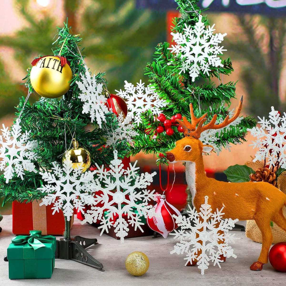 Sneeuwvlok, Kerst Kunstmatige Glitter Sneeuwvlok Hangende Ornament Kerstboom Decor 6 stks 10 cm Plastic Sneeuwvlok Kerst Ornamenten Hanger,Winterornamenten (Kleur : White style 1, Size : 10cm