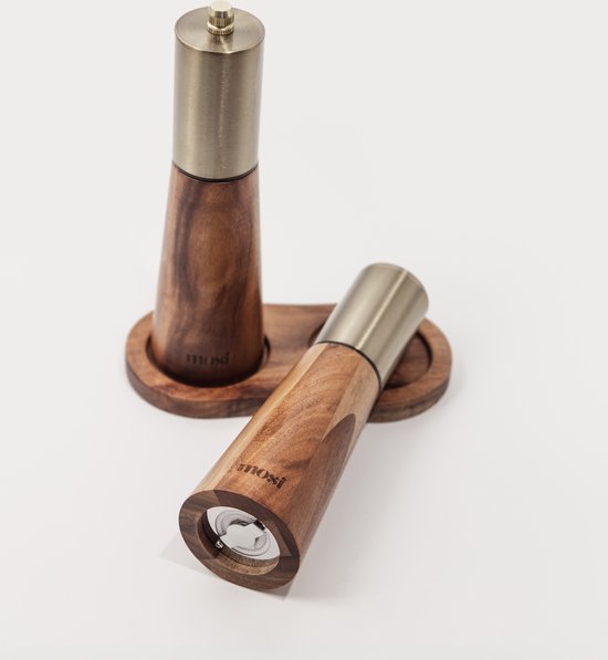 MOSI Home® Zout- en Pepermolen set | Acacia Hout | Molenset met houder | 18 cm | Rond | Cadeau tip / BBQ / Keukenaccessoires / Zoutmolen en Pepermolen