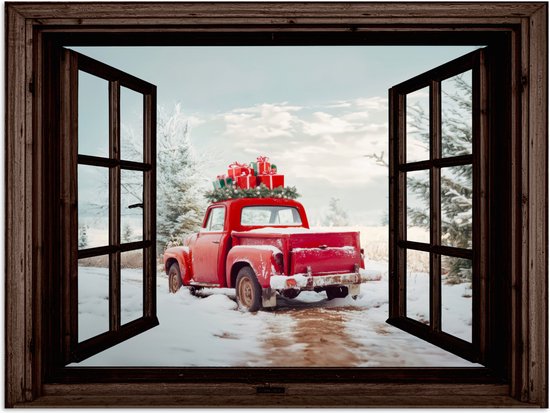 Poster 80x60 cm - Doorkijk - Auto - Rood - Cadeaus - Winterlandschap - Kerst - Posters - Kamer decoratie - Wanddecoratie woonkamer - Muurdecoratie slaapkamer - Kerstversiering - Kerstdecoratie voor binnen - Kerstmis