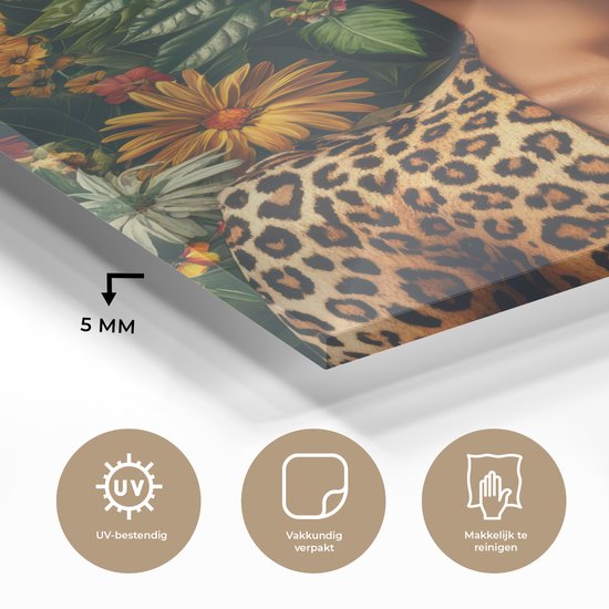 MuchoWow® Peinture sur verre 90x120 cm - Peinture sur verre acrylique - Femme - Imprimé Panthère - Jungle - Nature - Luxe - Photo sur verre - Décoration murale salon - Décoration murale chambre - Peintures