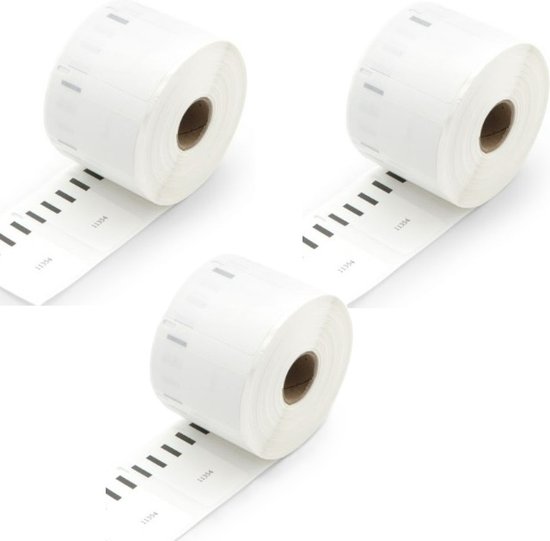 Drie rollen witte labeltape, met zwarte streepjes en nummer 11354.