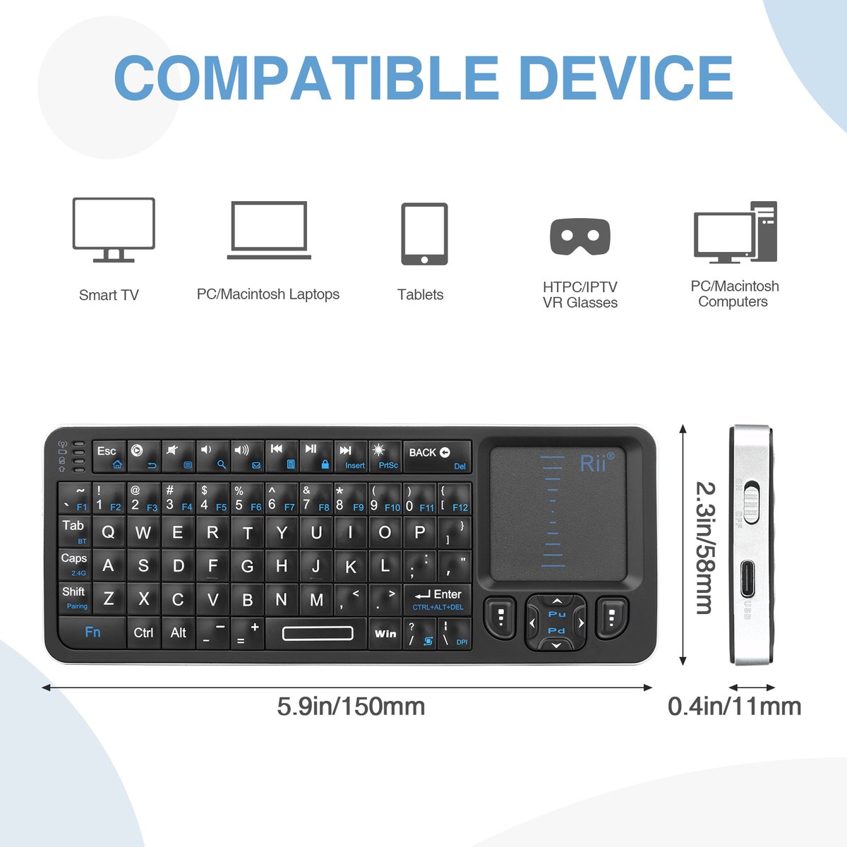 Rii K06 Mini Bluetooth Keyboard,Backlit 2.4GHz Wireless Keyboard with IR Learning, Portable Lightweight with Touchpad Compatible with Android TV Box, Mac, Laptop, Windows, Tablet(BT and 2.4G Version)