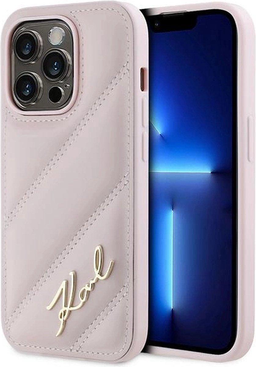 Karl Lagerfeld Diagonal Quilted Script hoesje voor iPhone 14 Pro Max - roze