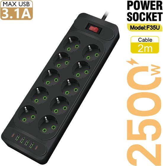 Emos P1523RU Stekkerdoos Met USB, 5-voudig Meervoudig Stopcontact En 2 X 21 A Aansluiting 3 M Verlengkabel Schakelaar En Kinderbeveiliging Ip20 Voor Binnen 21 A Laadstroom 3680 W 250 V