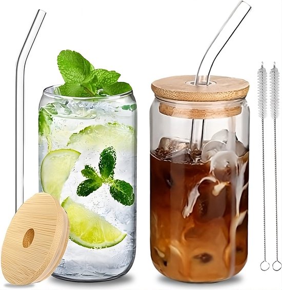 Montzys® Tasse à Café en Verres - 2 pièces - Tasse à boire 500 ml - Tasse à café - Glas à cocktail et à café glacé - Tasse à thé - Avec Pailles et Batteurs en Verres