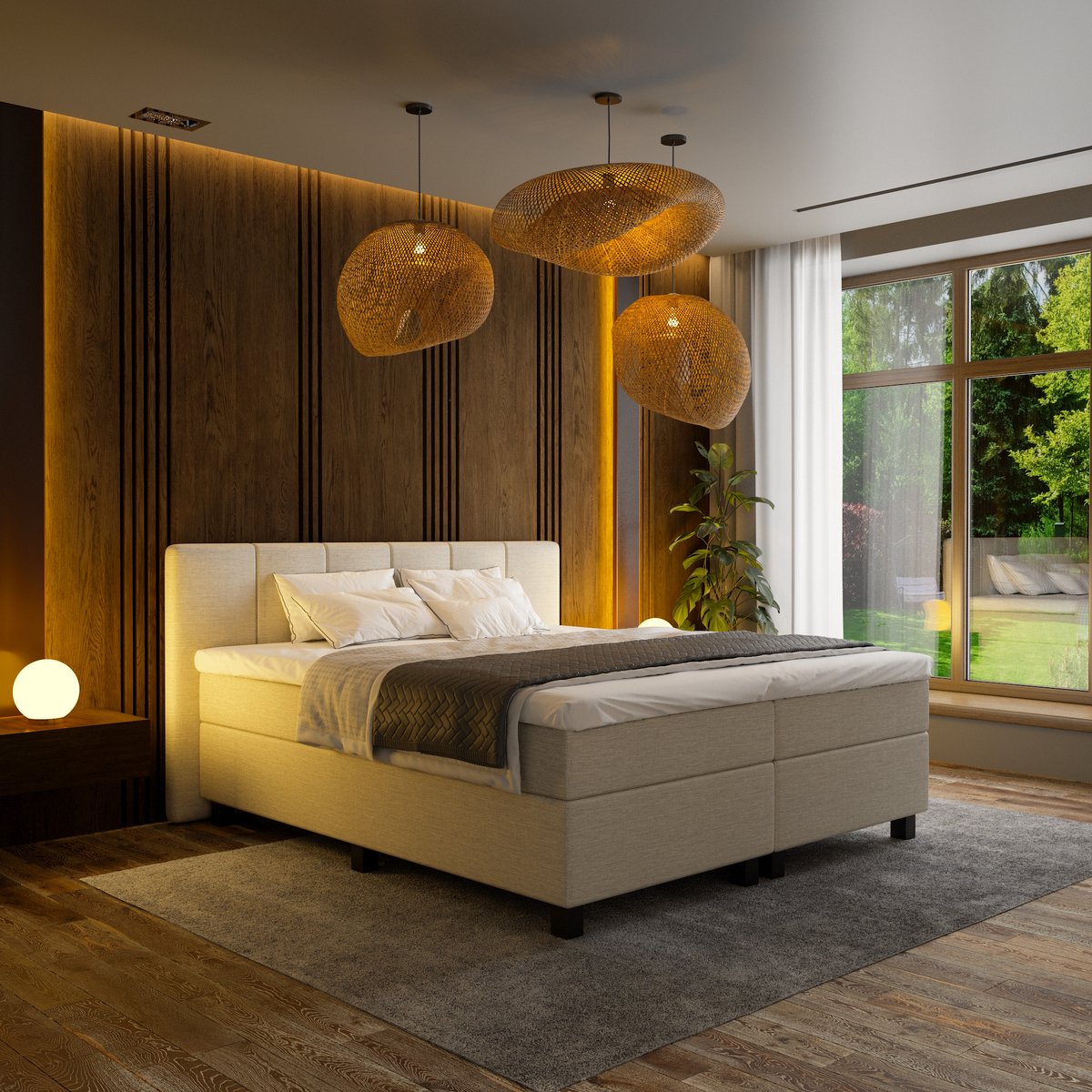 Mörgenn Boxspring Madrid - Pocketvering - 6-Baans Hoofdbord - Beige - 200x220 cm - Inclusief Dekbed en Kussens