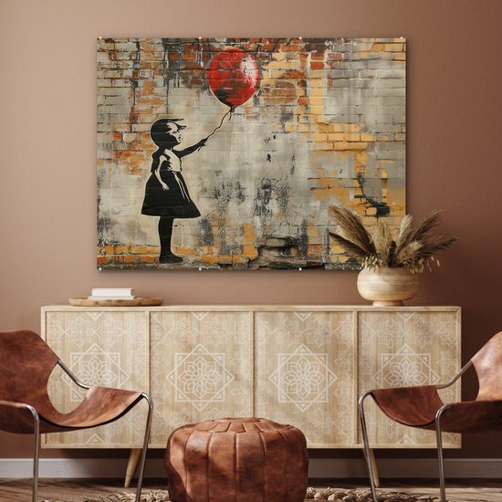 MuchoWow® Peinture sur verre 120x90 cm - Peinture sur verre acrylique - Graffiti - Style Banksy - Fille avec ballon - Photo sur verre - Décoration murale salon - Décoration murale chambre - Peintures
