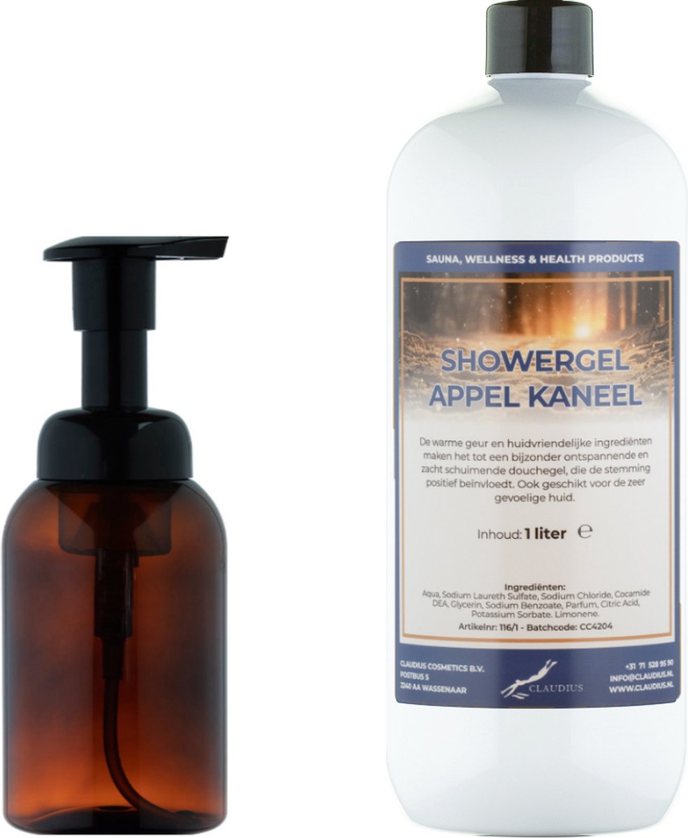 Goedkoopste Zeepdispenser 300 ml amber bruin hervulbaar 1 liter Showergel Appel-Kaneel navulling