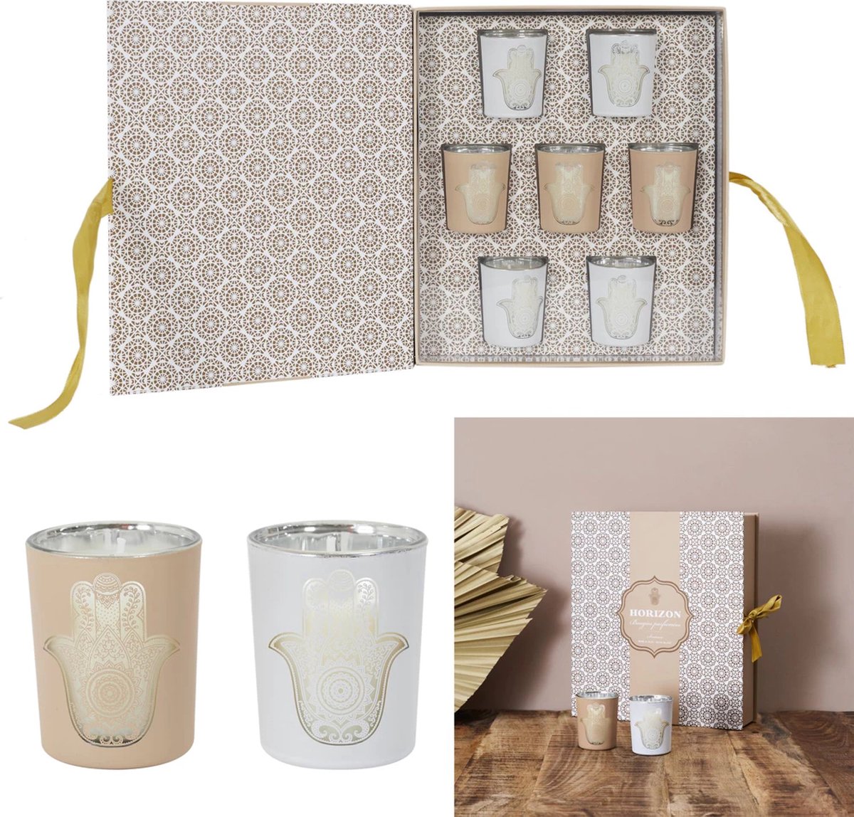 Kaarsen Geur Kaarsen Elegante Luxueuze Geschenkset Oosterse Geuren - Kerst Feestdagen Herfst/Winterseizoen (7x Ø5x6cm) - Goud, Taupe en Wit