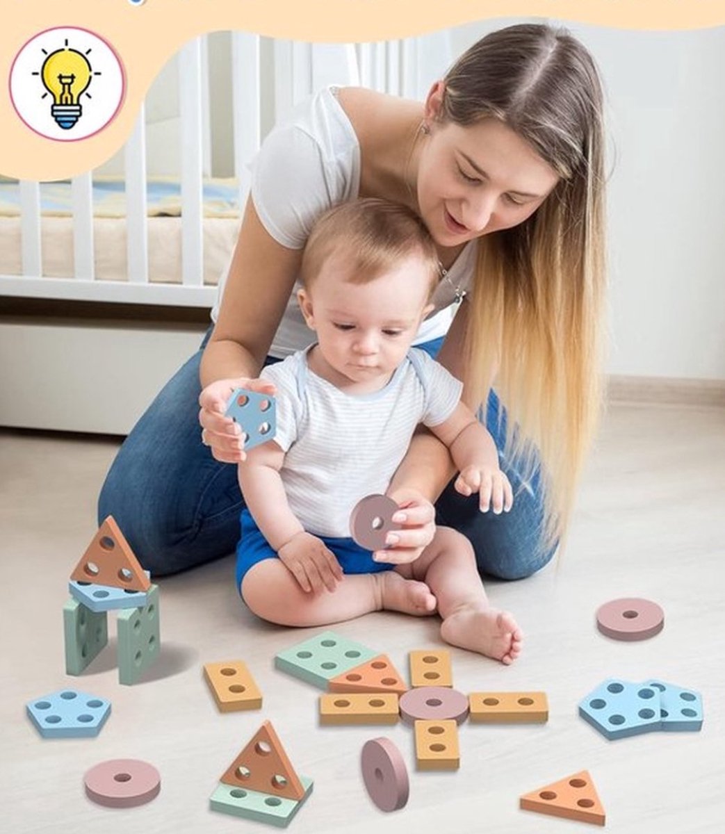 WoodyDoody Montessori Vormen Sorteerspel Sensorisch Speelgoed Vormenstoof - Houten Speelgoed - Montessori Speelgoed voor Motoriek - Educatief Spel van Hout - STEM Speelgoed Vormenstoof met Pastelkleuren - Geometrische Blokken — afbeelding 2