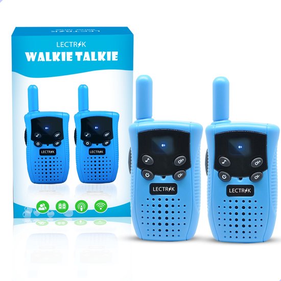 Verpakking en twee helderblauwe LECTRIK walkietalkies. De doos toont het merk LECTRIK en de tekst 'WALKIE TALKIE'.