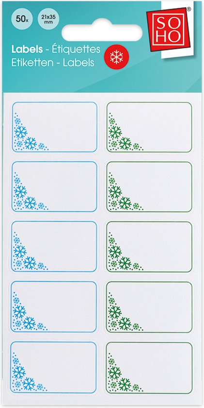 Verpakking met 50 witte diepvriesetiketten van 35x21 mm, met blauwe en groene sneeuwvlokdecoraties.