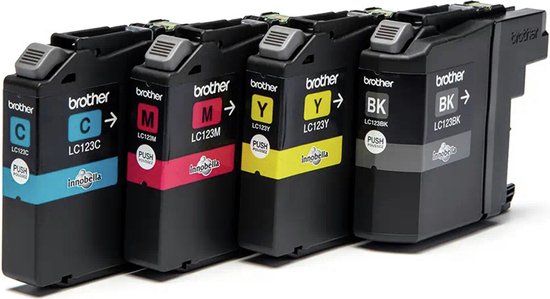 Brother LC123 inktcartridges: cyaan, magenta, geel en zwart, met 'inno bella' logo.